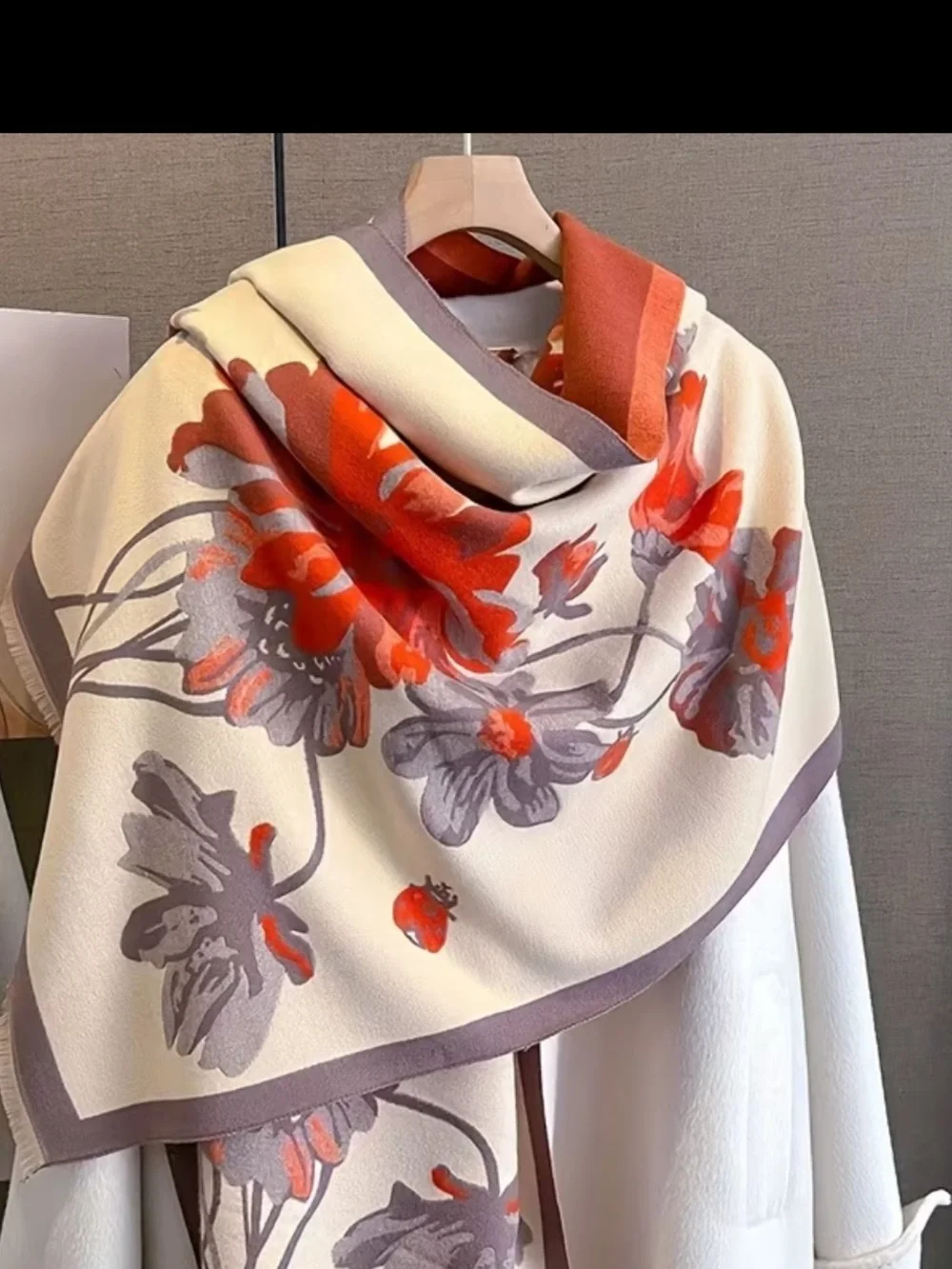 Cream Floral Shawl with Coral & Gray Accents in Faux Cashmere NWT